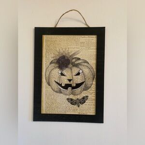 VTG Style Newspaper Halloween Pumpkin Wooden Framed 3D Haunted Decor Black Sepia